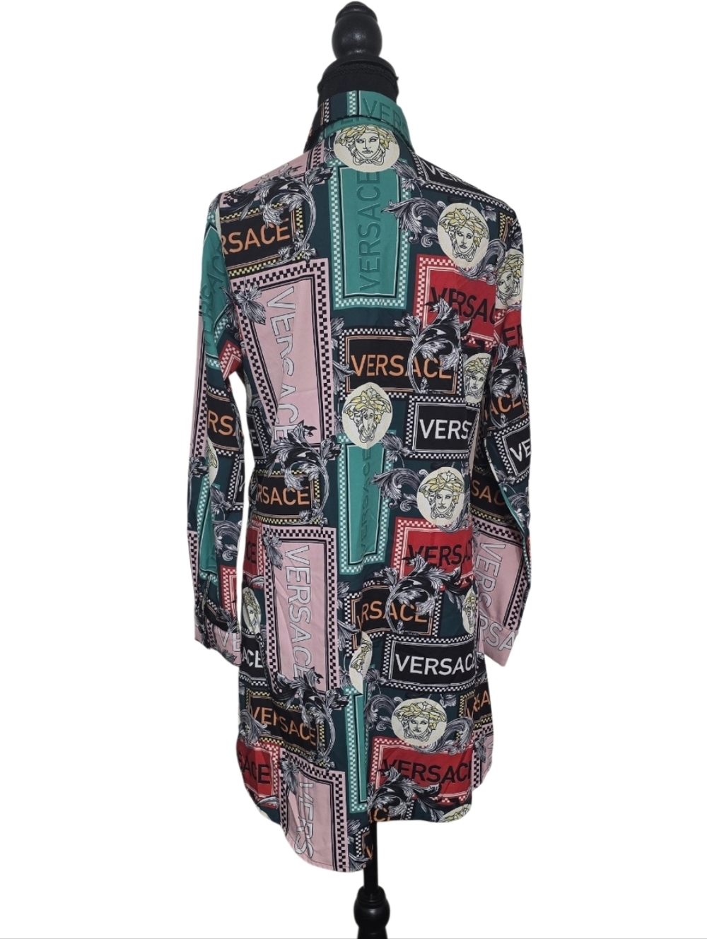 #6097 Women Pink, Teal & Black Logo Panel Long-Sleeve Shirt Dress - Picture 2 of 3